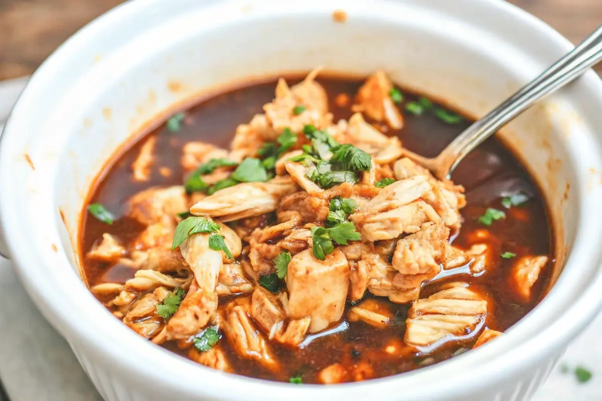 Juicy crock pot bourbon chicken coated in a rich sweet and savory sauce served over fluffy rice