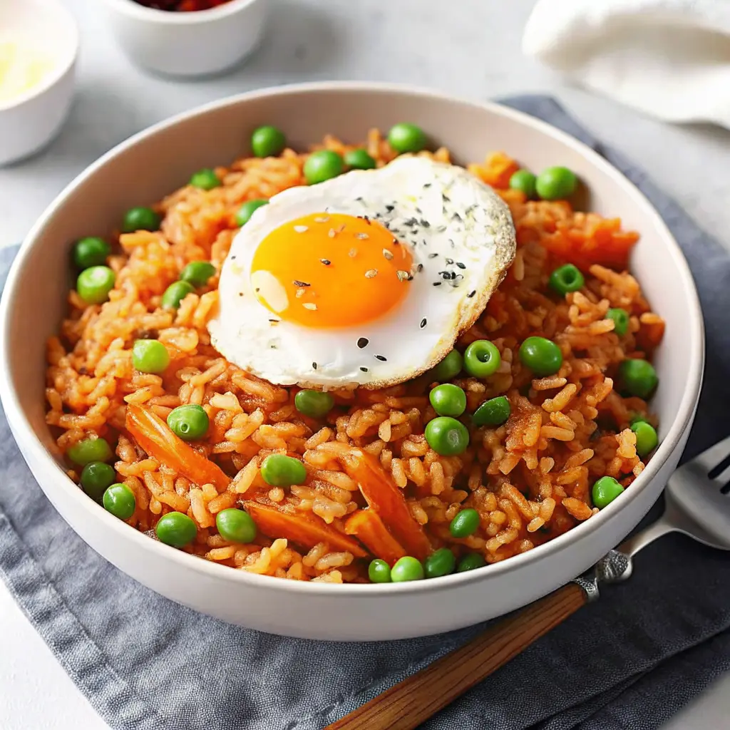 Spicy gochujang fried rice served in a skillet with vegetables and sesame seeds