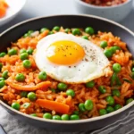 Spicy gochujang fried rice recipe served in a skillet with vegetables and sesame seeds