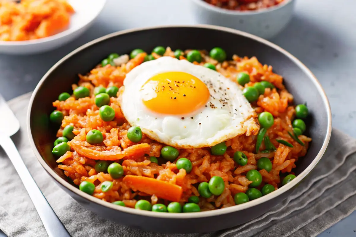 Spicy gochujang fried rice recipe served in a skillet with vegetables and sesame seeds