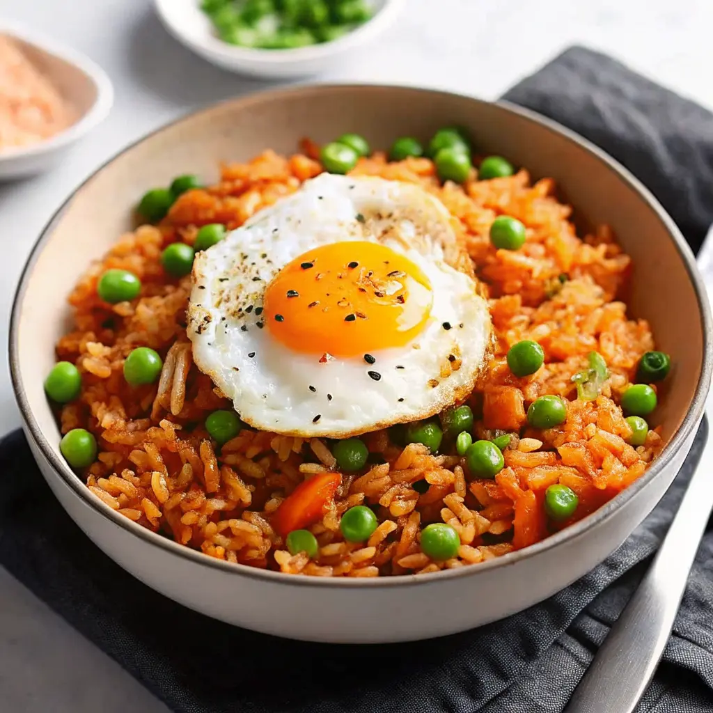 Spicy gochujang fried rice served in a skillet with vegetables and sesame seeds