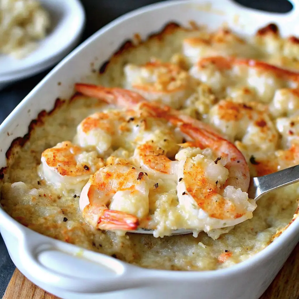 Golden keto garlic shrimp au gratin baked with cheese and crispy low-carb crust