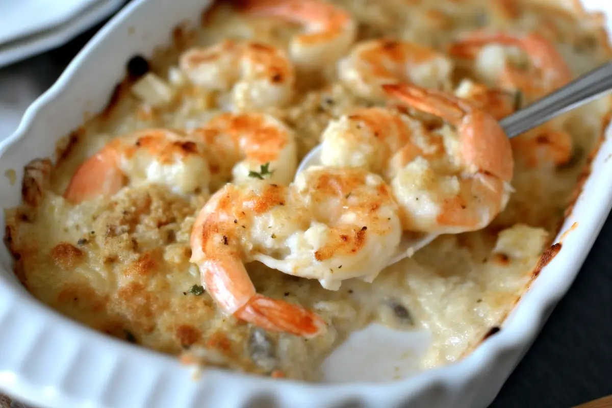Golden keto garlic shrimp au gratin baked with cheese and crispy low-carb crust