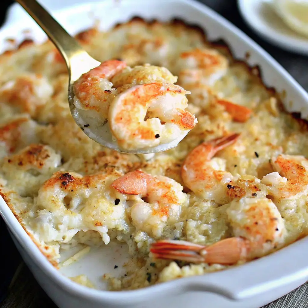 Golden keto garlic shrimp au gratin baked with cheese and crispy low-carb crust