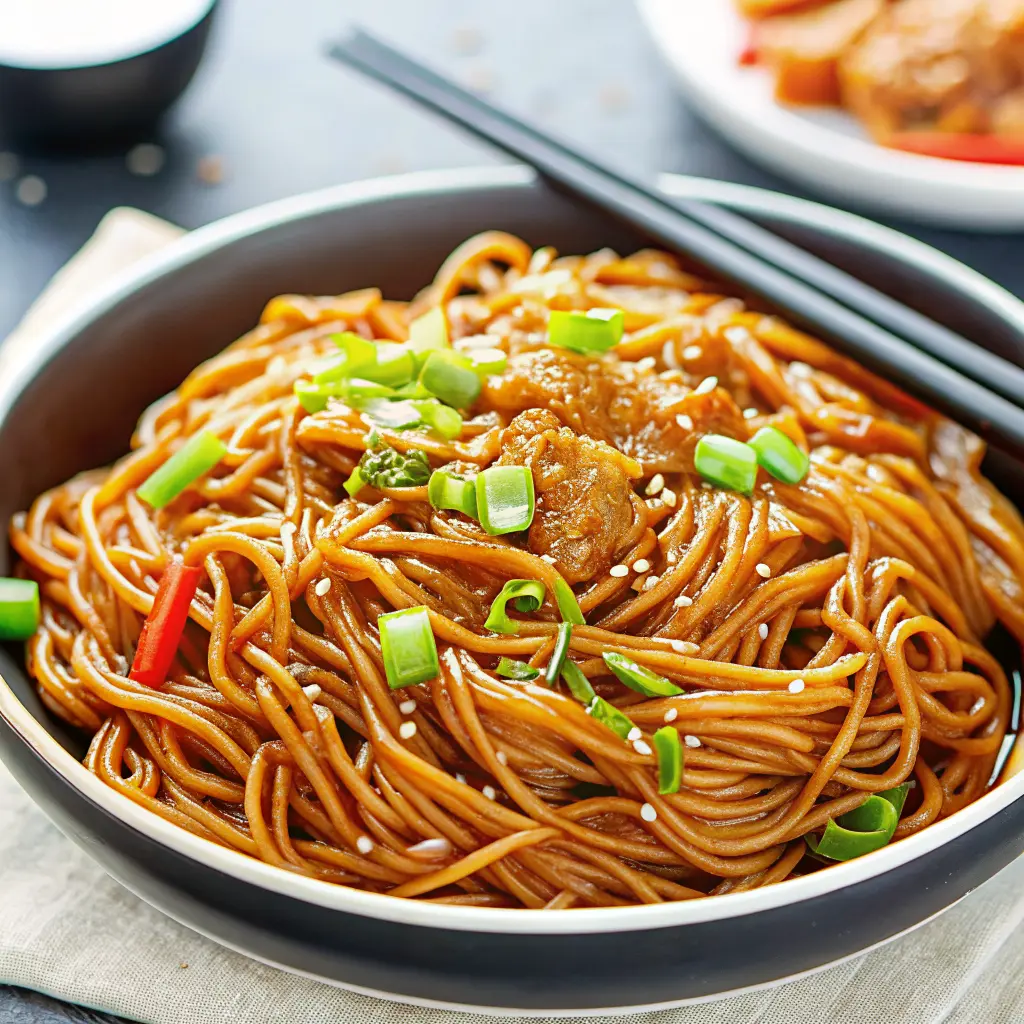 Bowl of teriyaki noodles recipe with vegetables, garnished with sesame seeds and green onions