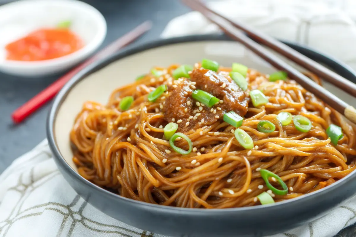 Bowl of teriyaki noodles with vegetables, garnished with sesame seeds and green onions