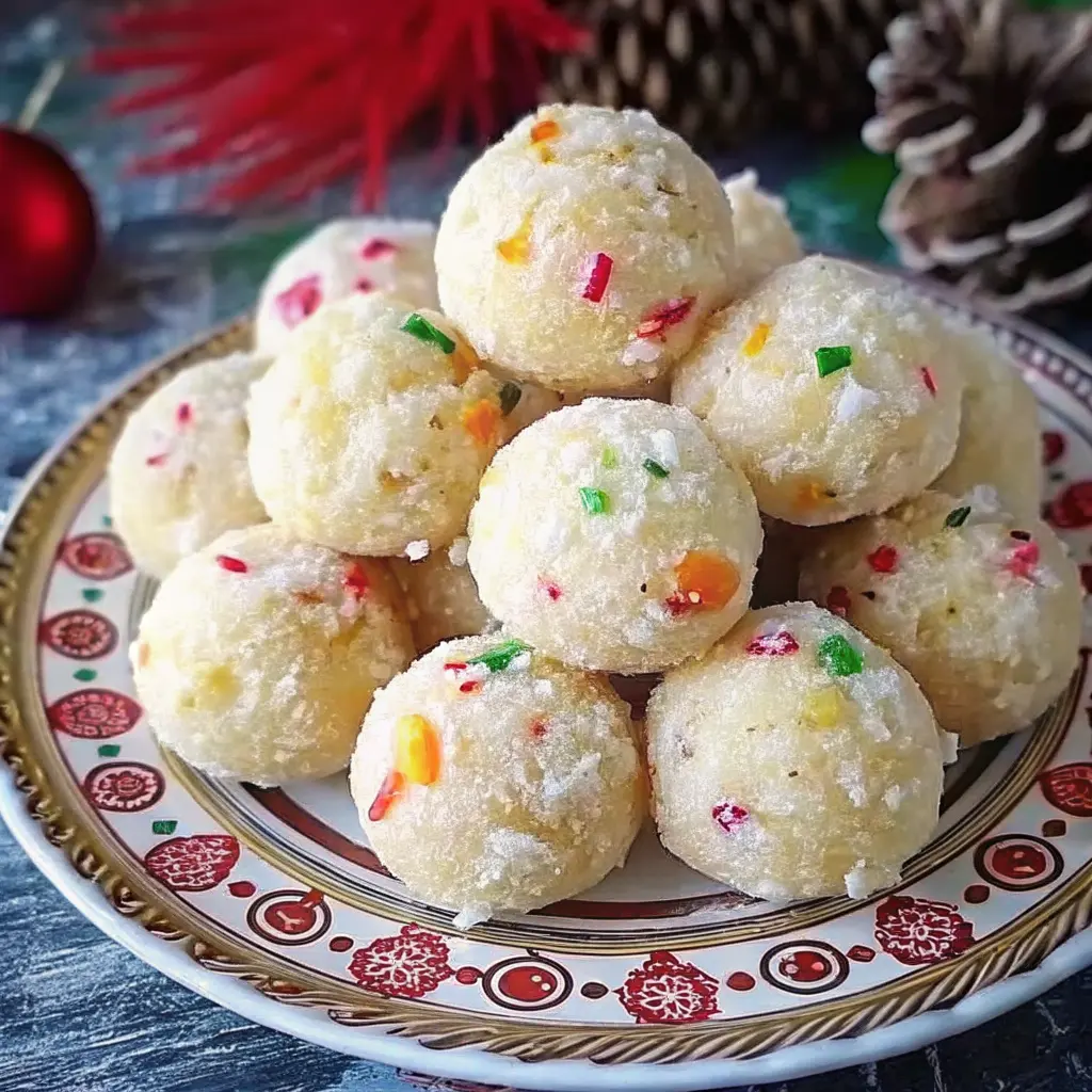 Almond Cherry Snowballs dusted with powdered sugar on a festive plate