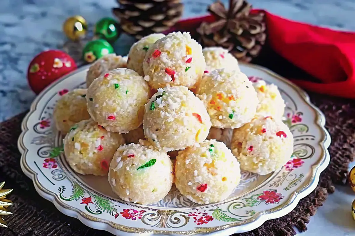 Almond Cherry Snowballs dusted with powdered sugar on a festive plate
