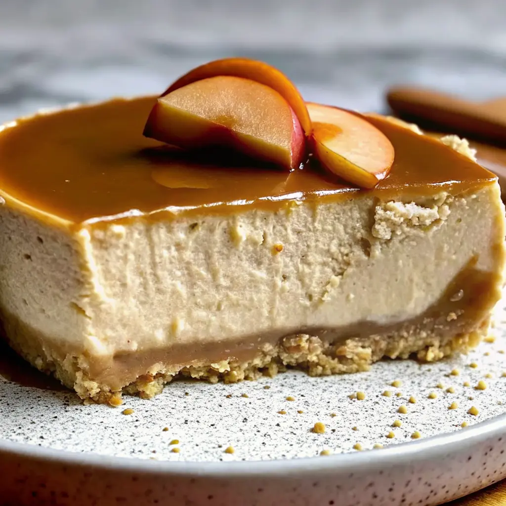 Creamy Apple Cider Cheesecake with caramel drizzle