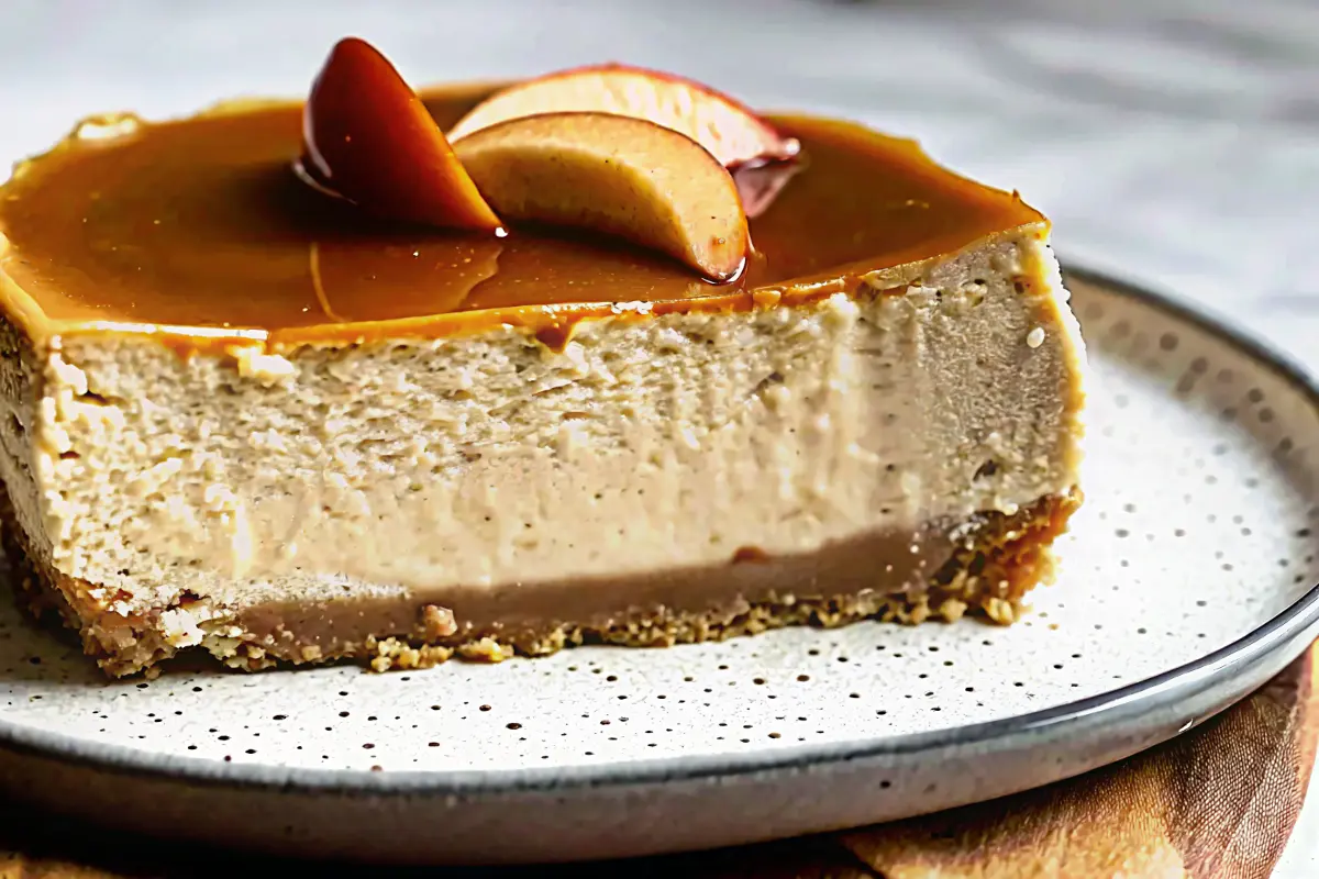 Creamy Apple Cider Cheesecake with caramel drizzle