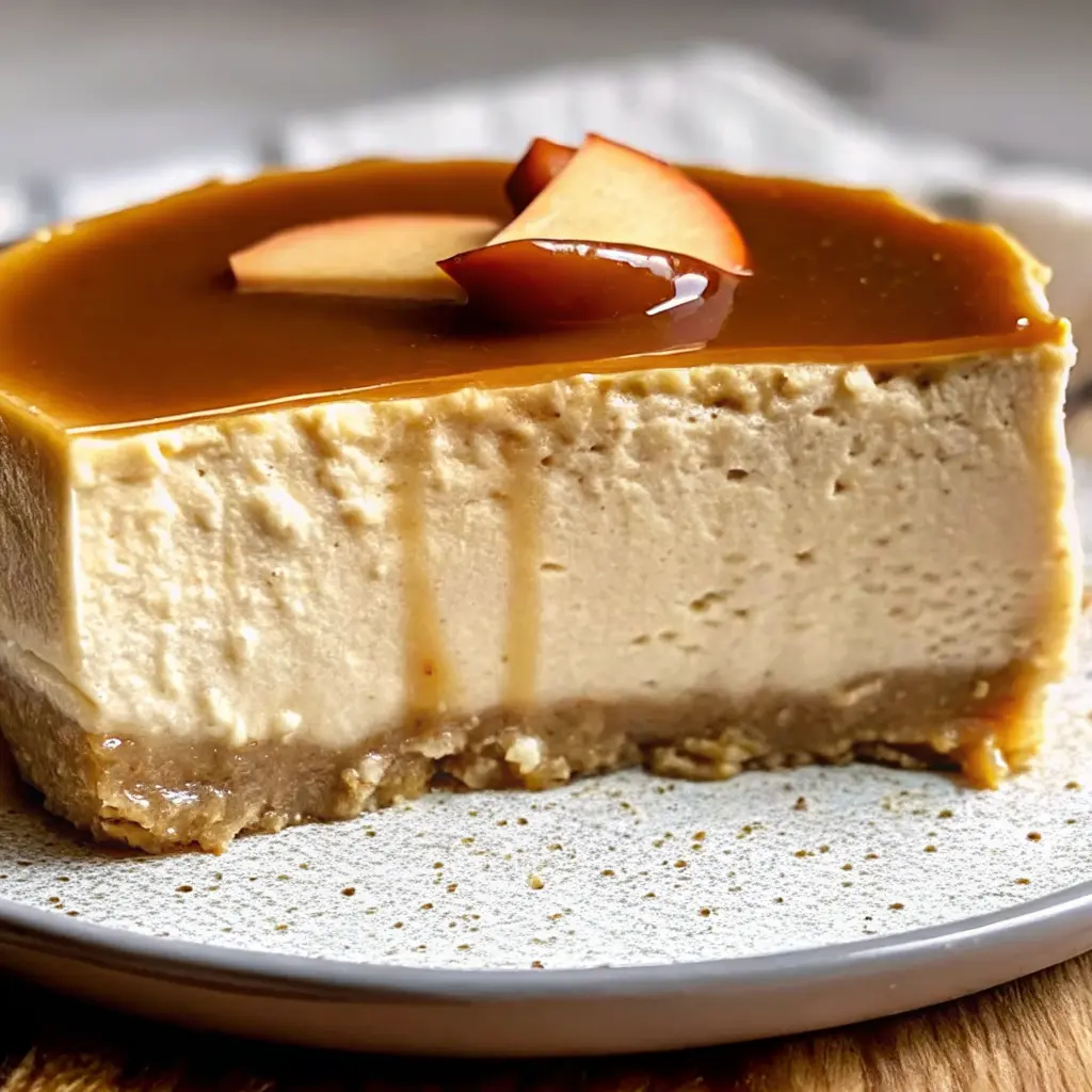 Creamy Apple Cider Cheesecake with caramel drizzle