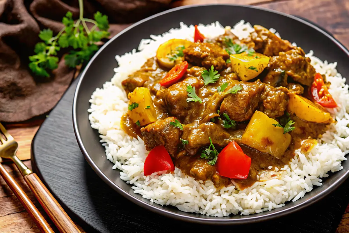 Authentic Jamaican curry chicken with rice and peas on a rustic plate