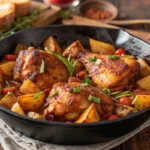 BBQ Chicken Potato Skillet in a cast-iron pan with melted cheese and fresh parsley