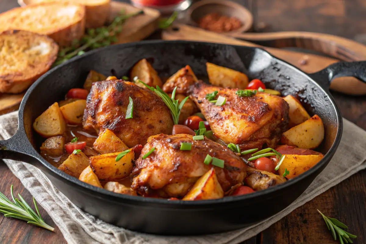 BBQ Chicken Potato Skillet in a cast-iron pan with melted cheese and fresh parsley