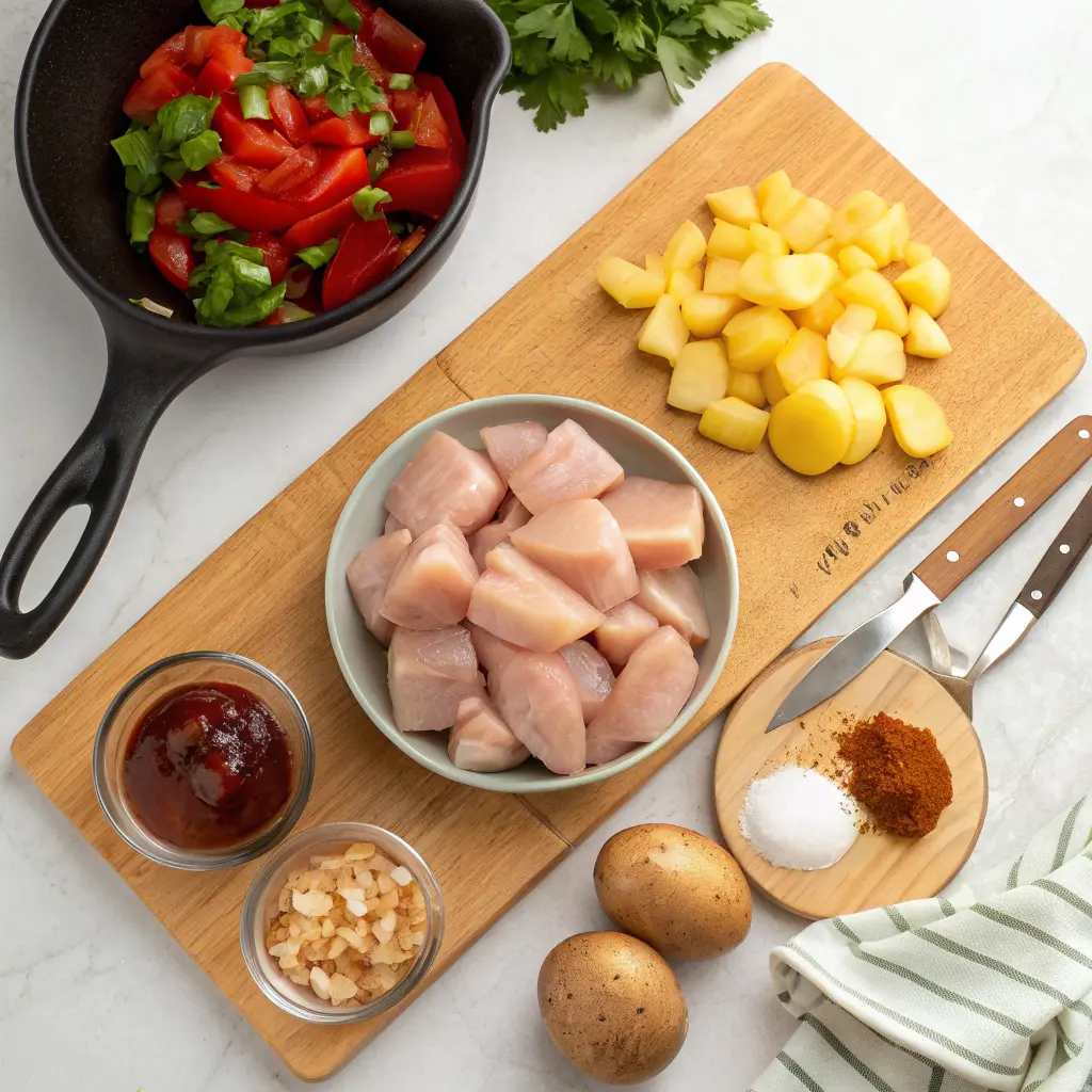BBQ Chicken Potato Skillet in a cast-iron pan with melted cheese and fresh parsley
