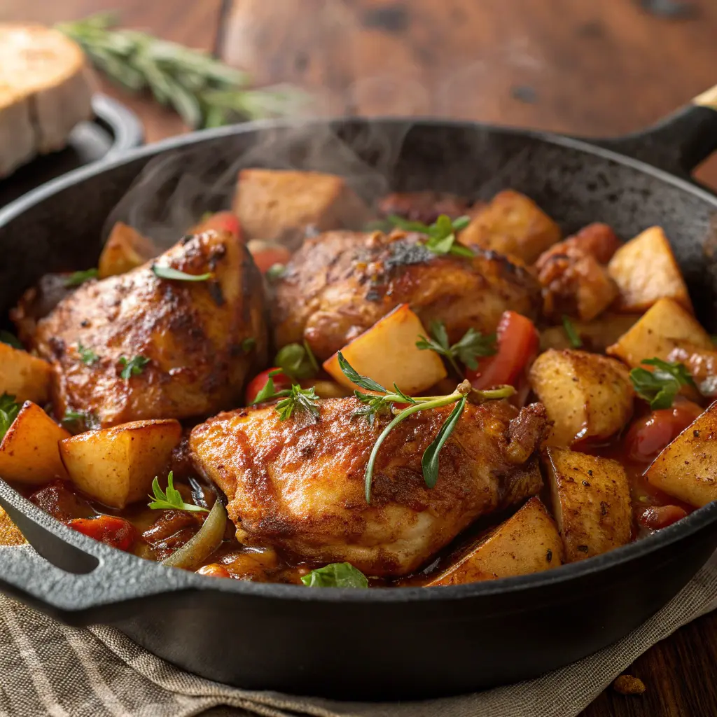 BBQ Chicken Potato Skillet in a cast-iron pan with melted cheese and fresh parsley