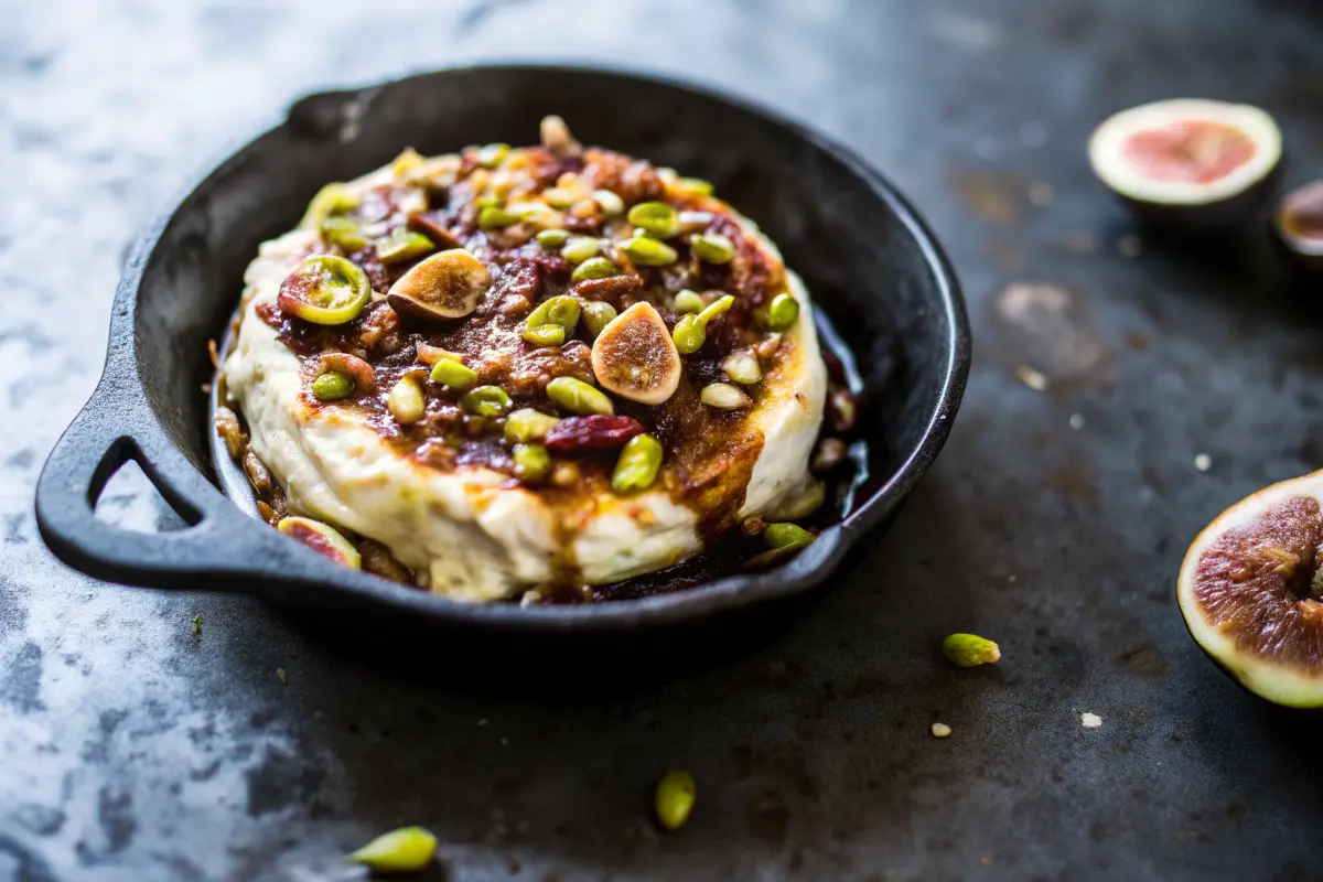 Baked brie topped with honey, figs, and pistachios Baked Brie with Honey, Fig and Pistachio