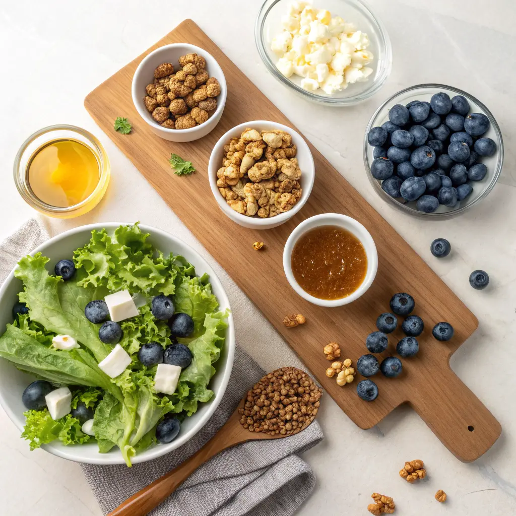 Fresh blueberry walnut salad with greens, cheese, and vinaigrette in a white bowl
