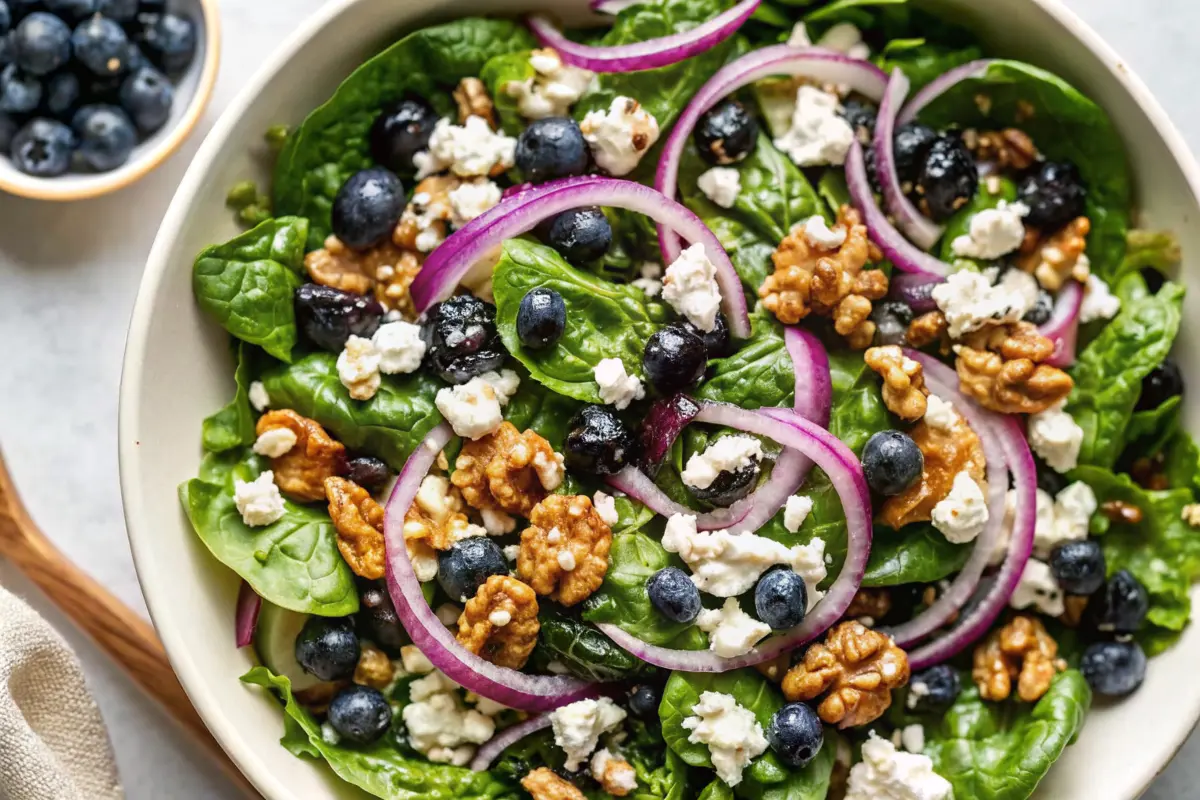 Fresh blueberry walnut salad with greens, cheese, and vinaigrette in a white bowl