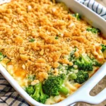 Broccoli cheese casserole topped with golden Ritz crackers
