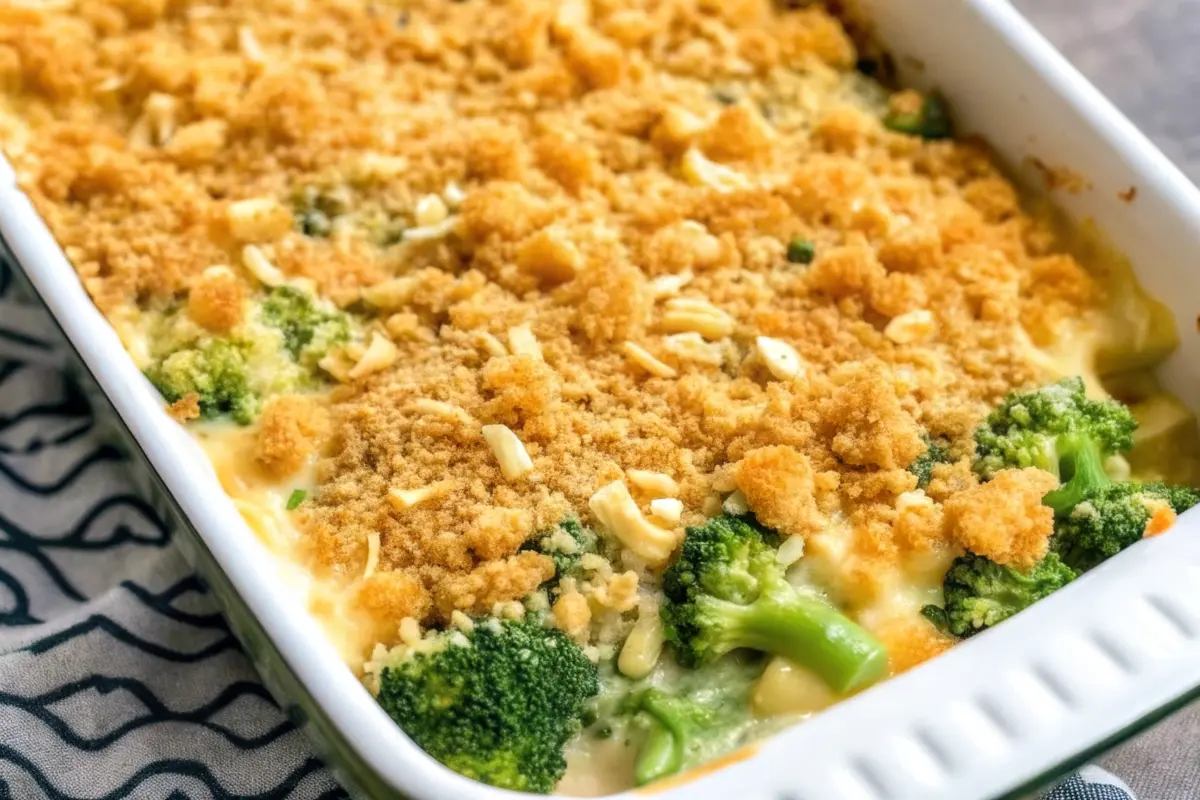 Broccoli cheese casserole topped with golden Ritz crackers Broccoli Cheese Casserole with Ritz Crackers