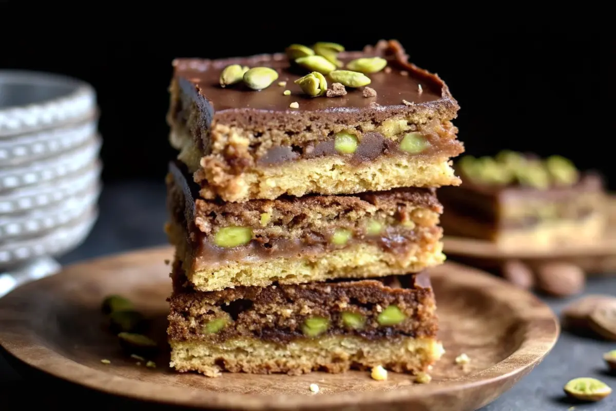Brown butter pistachio cookie bars on a tray