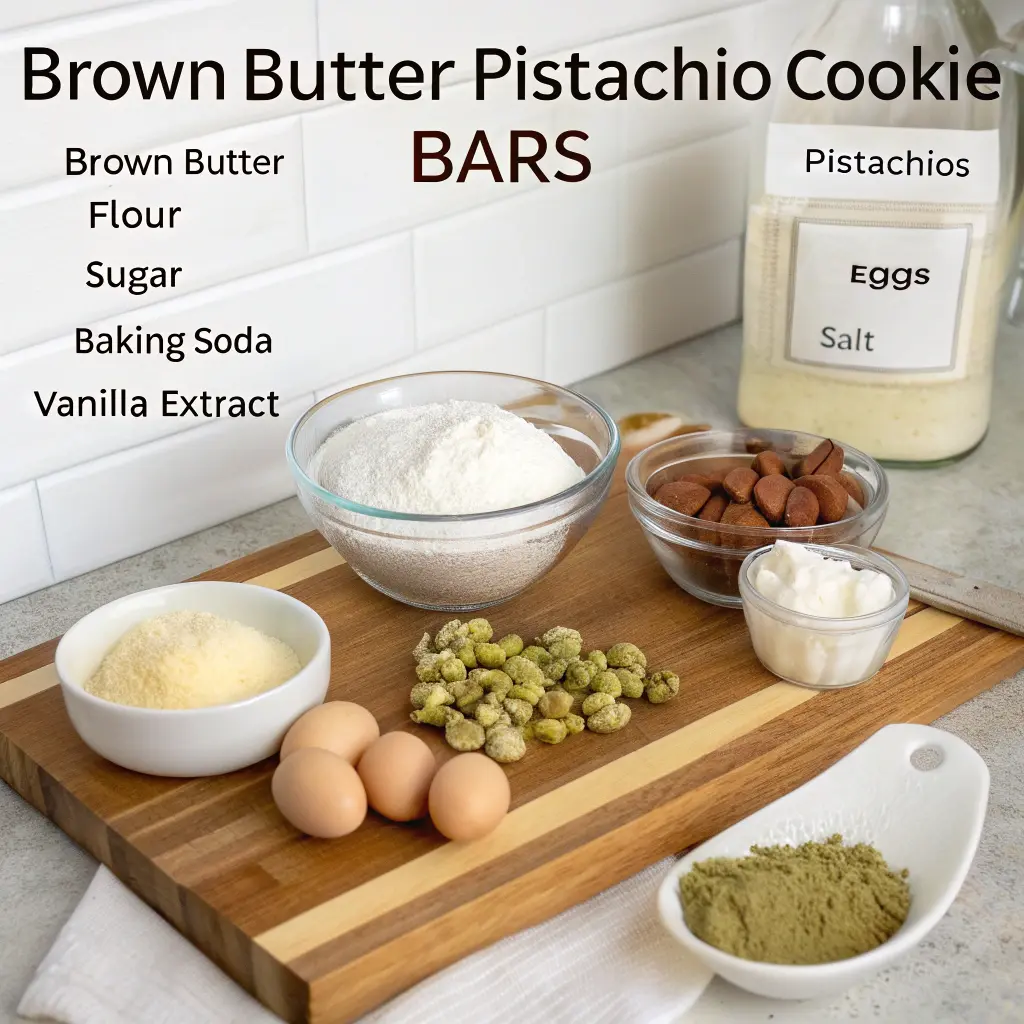 Brown butter pistachio cookie bars on a tray