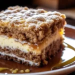 Cake Mix Coffee Cake with golden cinnamon streusel topping on a white plate