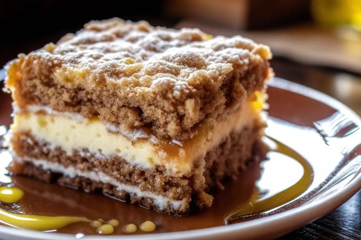 Cake Mix Coffee Cake with golden cinnamon streusel topping on a white plate