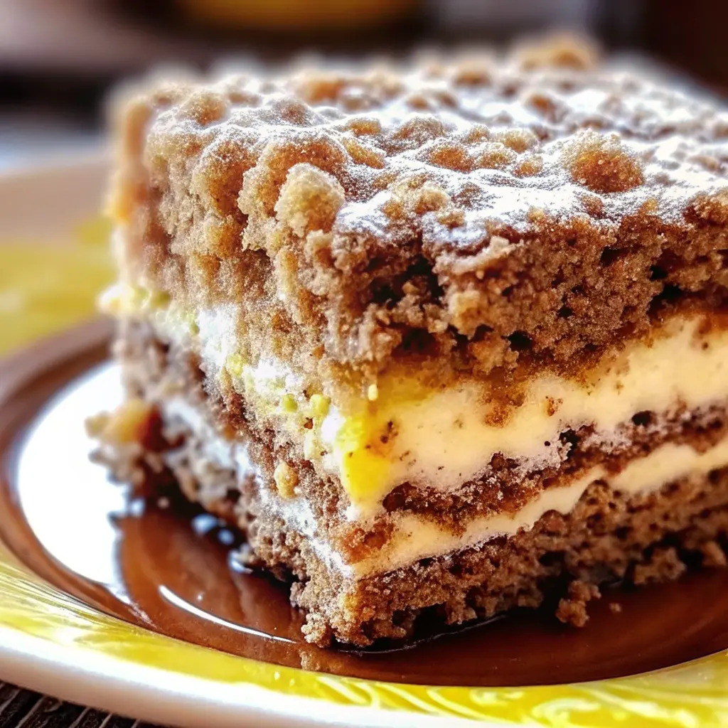 Cake Mix Coffee Cake with golden cinnamon streusel topping on a white plate
