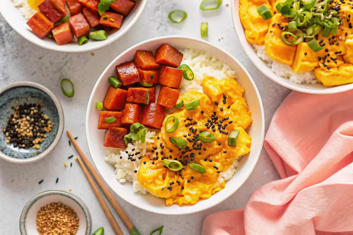 Caramelized Spam and Eggs Recipe served over rice with green onions
