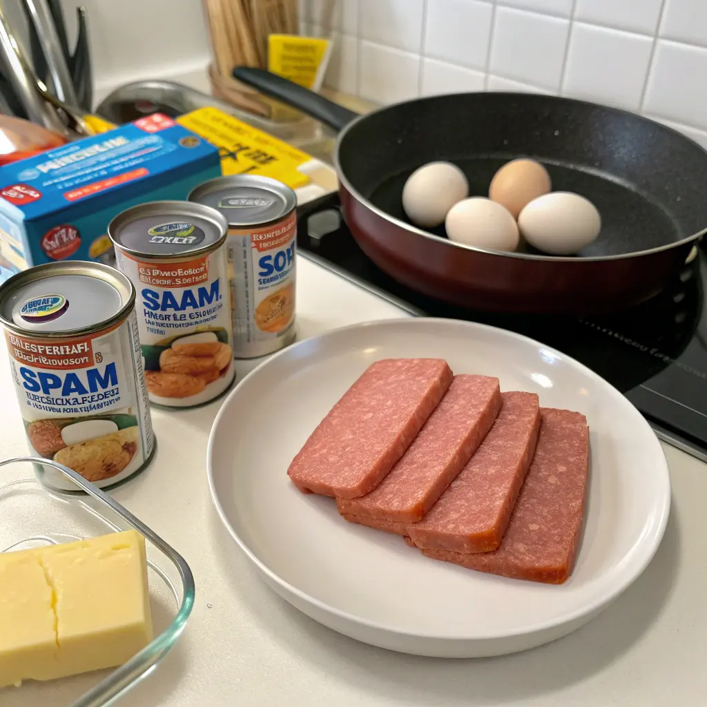 Caramelized Spam and Eggs Recipe served over rice with green onions