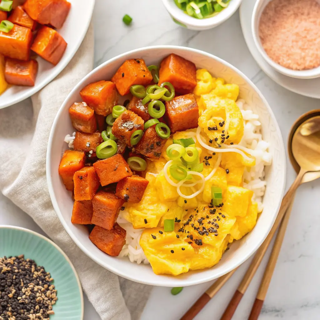 Caramelized Spam and Eggs Recipe served over rice with green onions