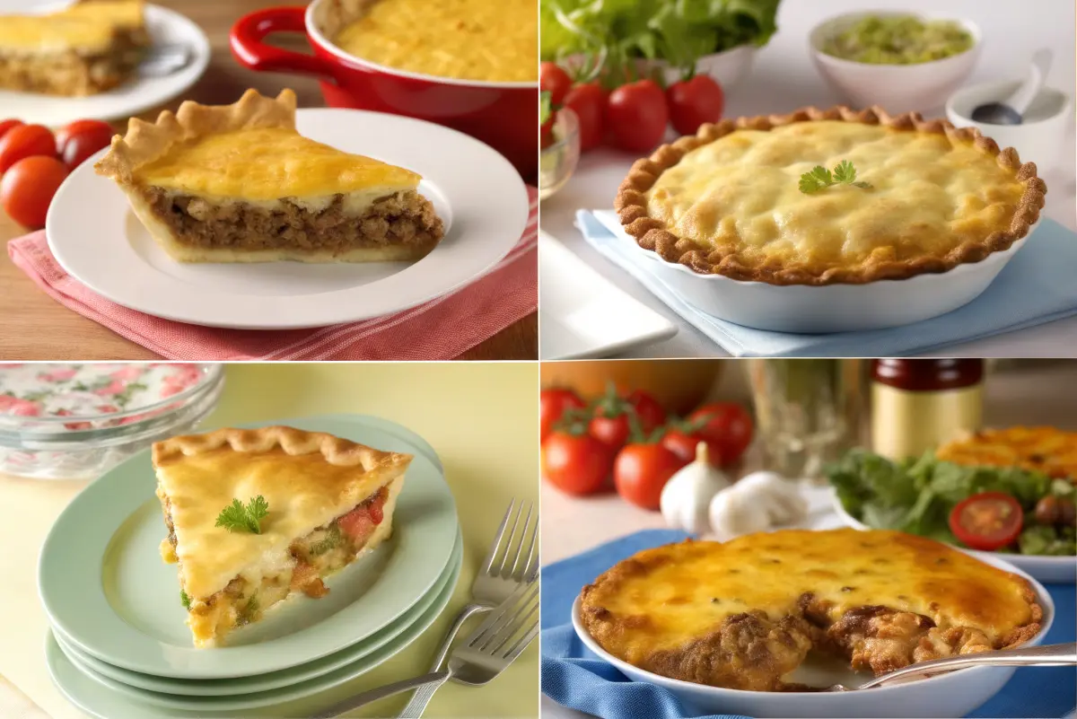 Homemade cheeseburger pie in a baking dish topped with melted cheese