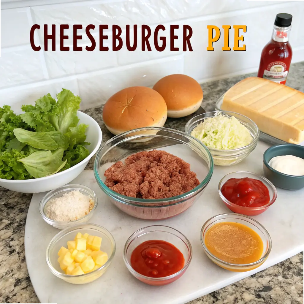 Homemade cheeseburger pie in a baking dish topped with melted cheese