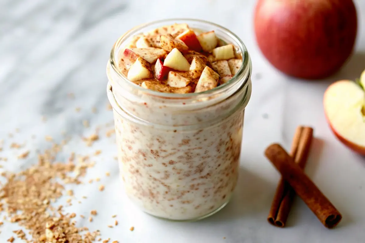 Bowl of chilled apple cinnamon oatmeal topped with fresh apple slices and a sprinkle of cinnamon