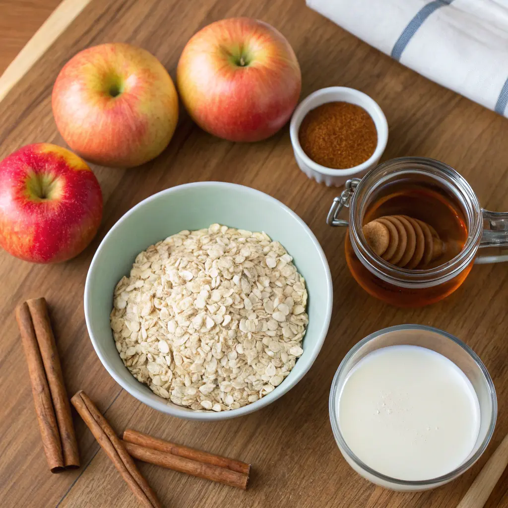 Bowl of chilled apple cinnamon oatmeal topped with fresh apple slices and a sprinkle of cinnamon