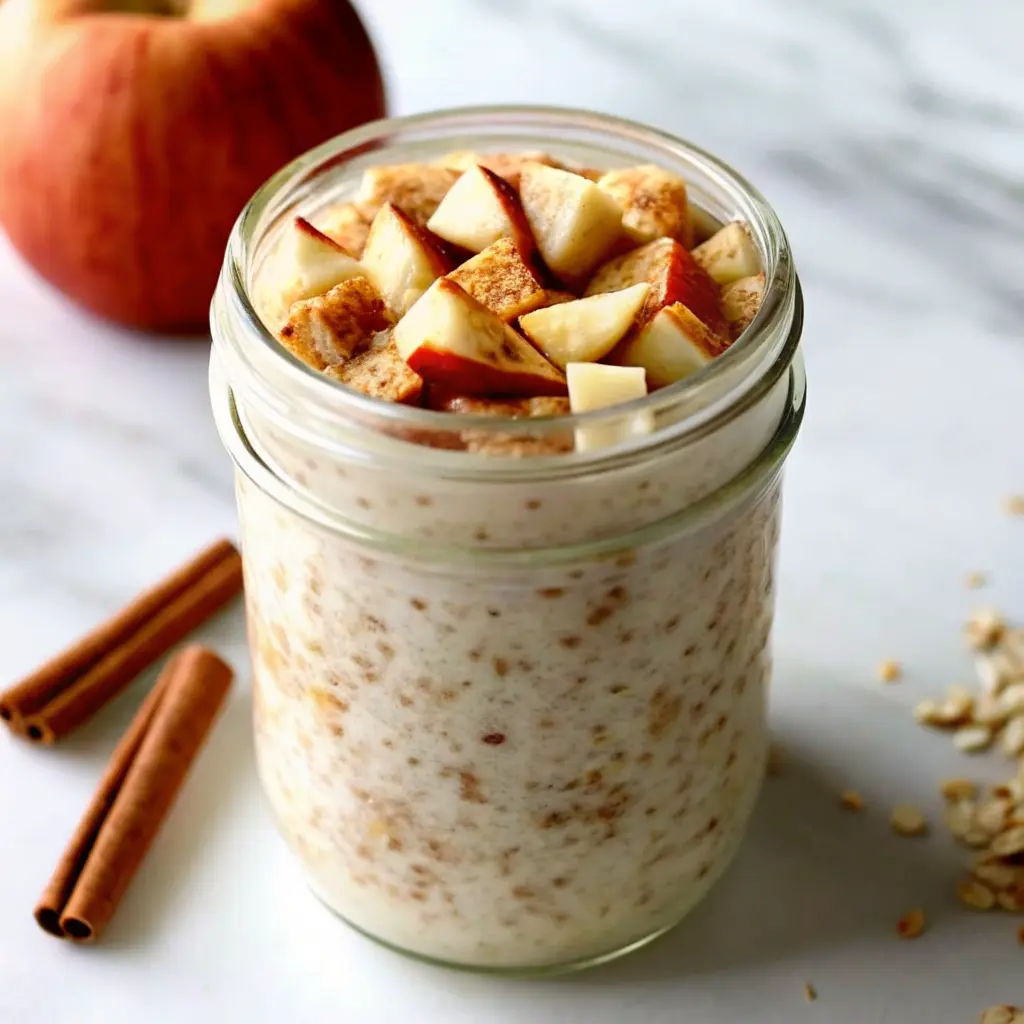 Bowl of chilled apple cinnamon oatmeal topped with fresh apple slices and a sprinkle of cinnamon