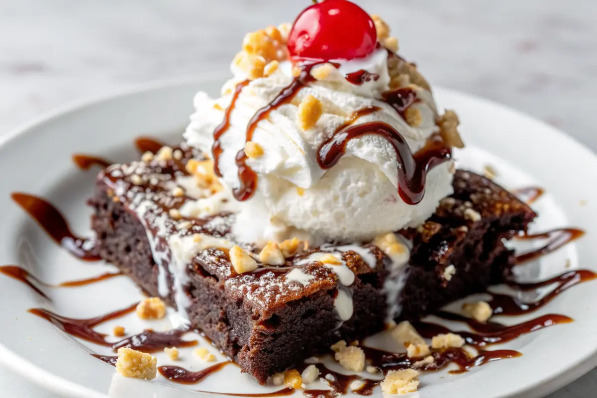 Chocolate brownie sundae Recipe topped with ice cream, hot fudge, whipped cream, nuts, and a cherry.