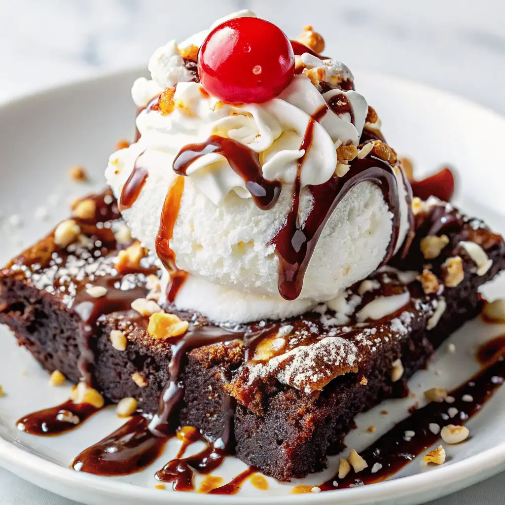 Chocolate brownie sundae topped with ice cream, hot fudge, whipped cream, nuts, and a cherry.