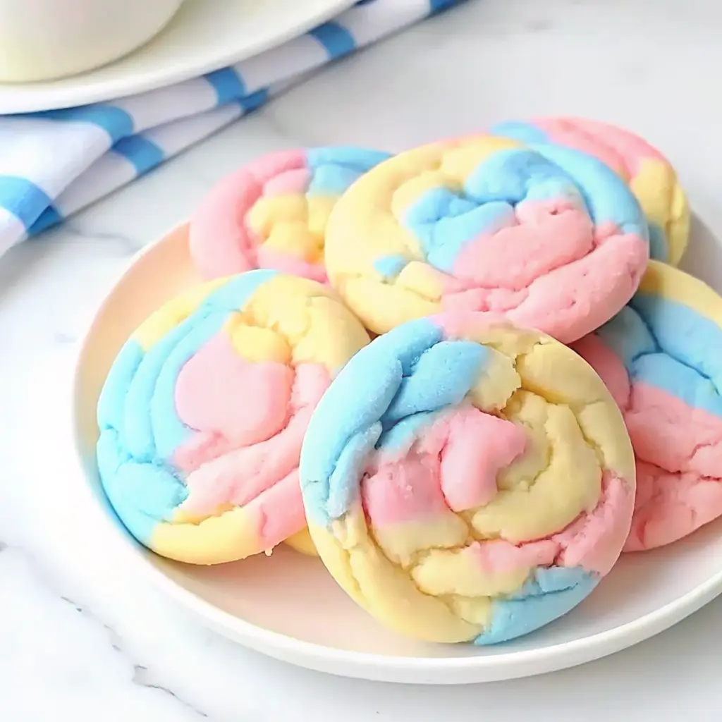 Swirled pink and blue cotton candy cookies on a cooling rack