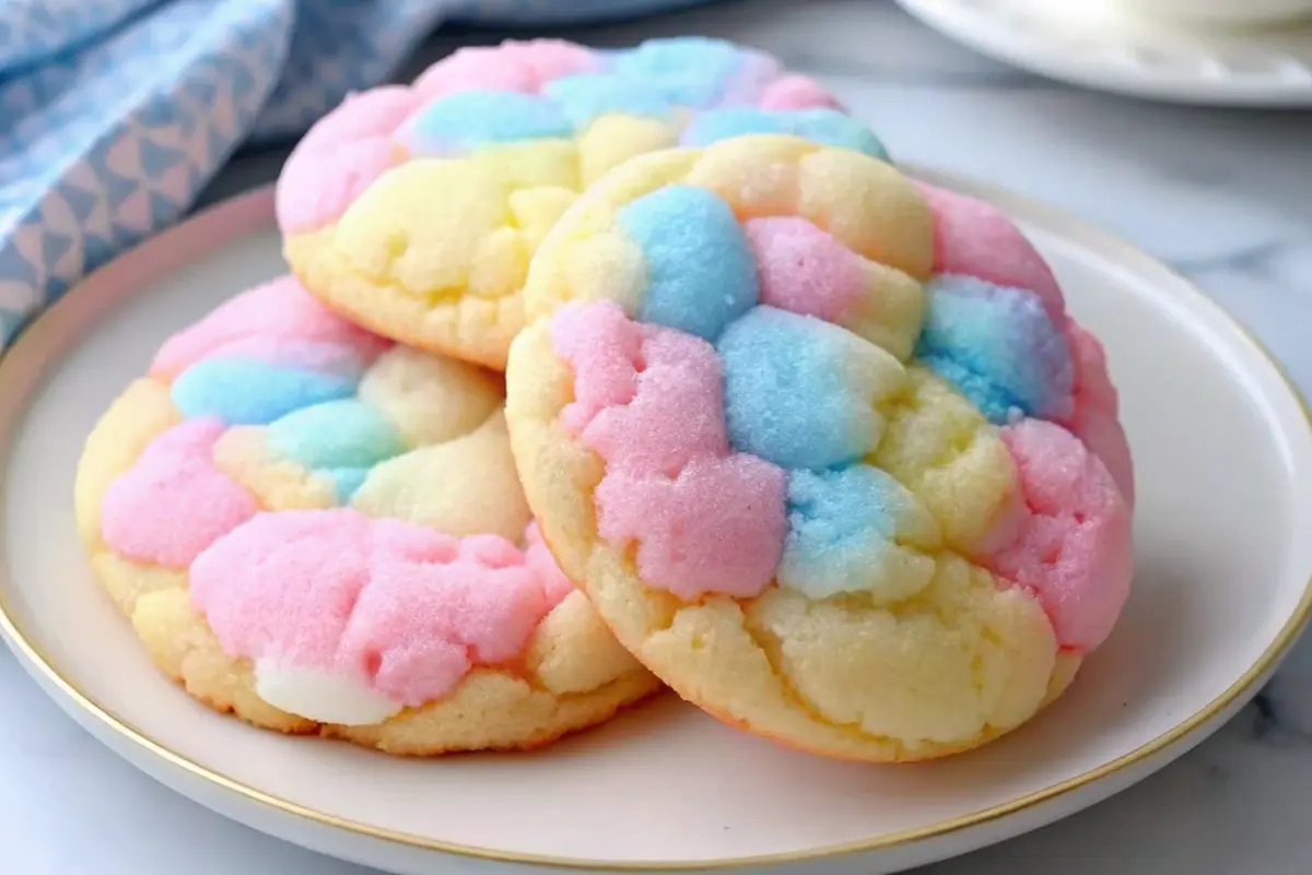 Swirled pink and blue cotton candy cookies on a cooling rack