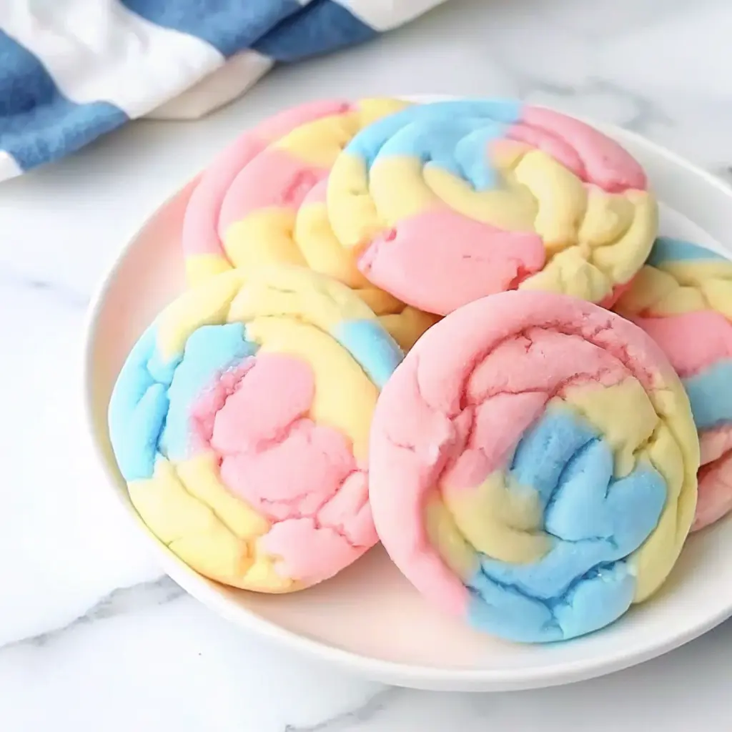 Swirled pink and blue cotton candy cookies on a cooling rack