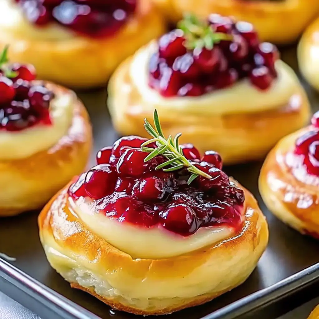 Cranberry Brie Bombs baked in golden pastry with cranberry sauce and melted brie