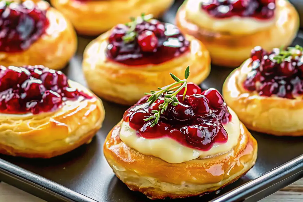 Cranberry Brie Bombs baked in golden pastry with cranberry sauce and melted brie