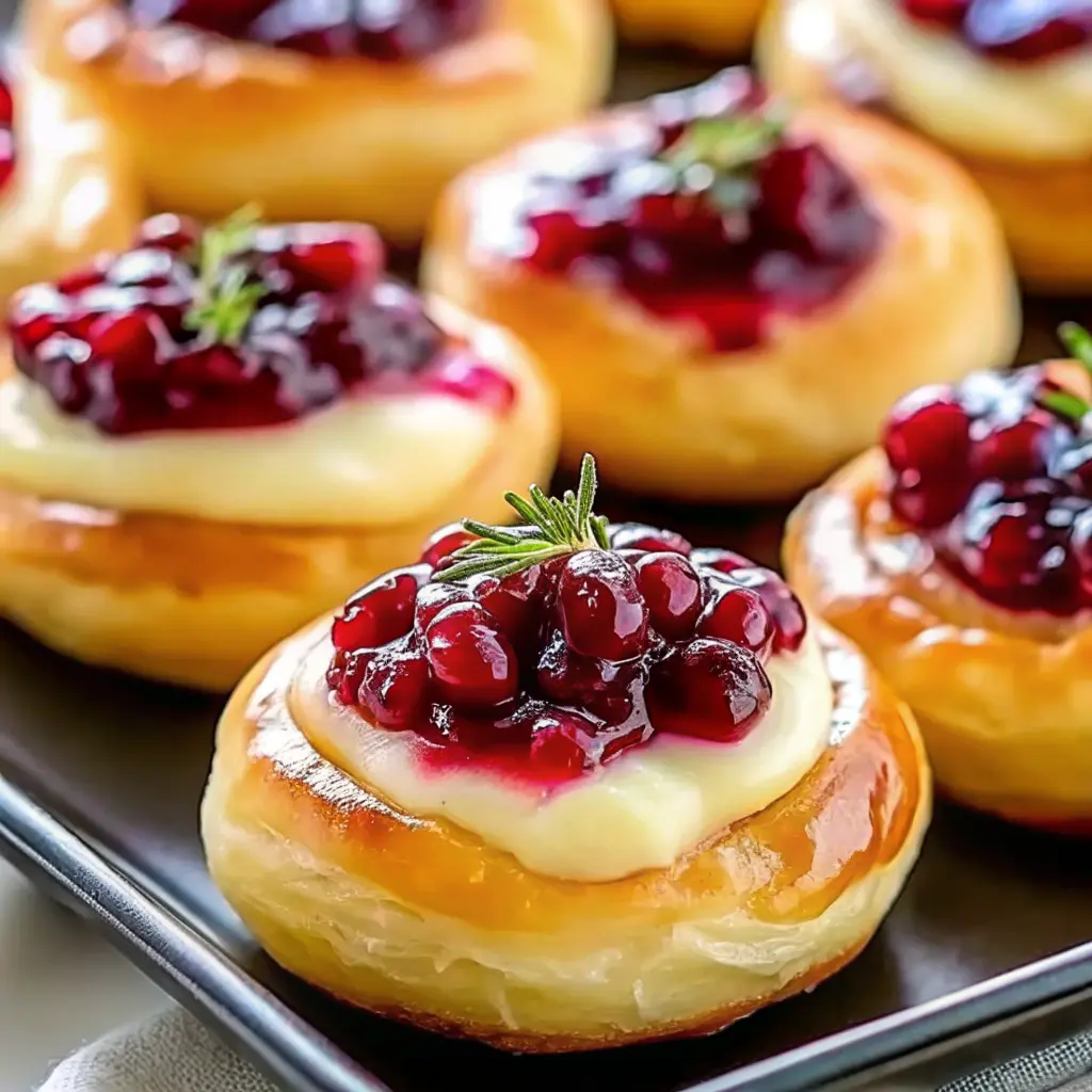 Cranberry Brie Bombs baked in golden pastry with cranberry sauce and melted brie