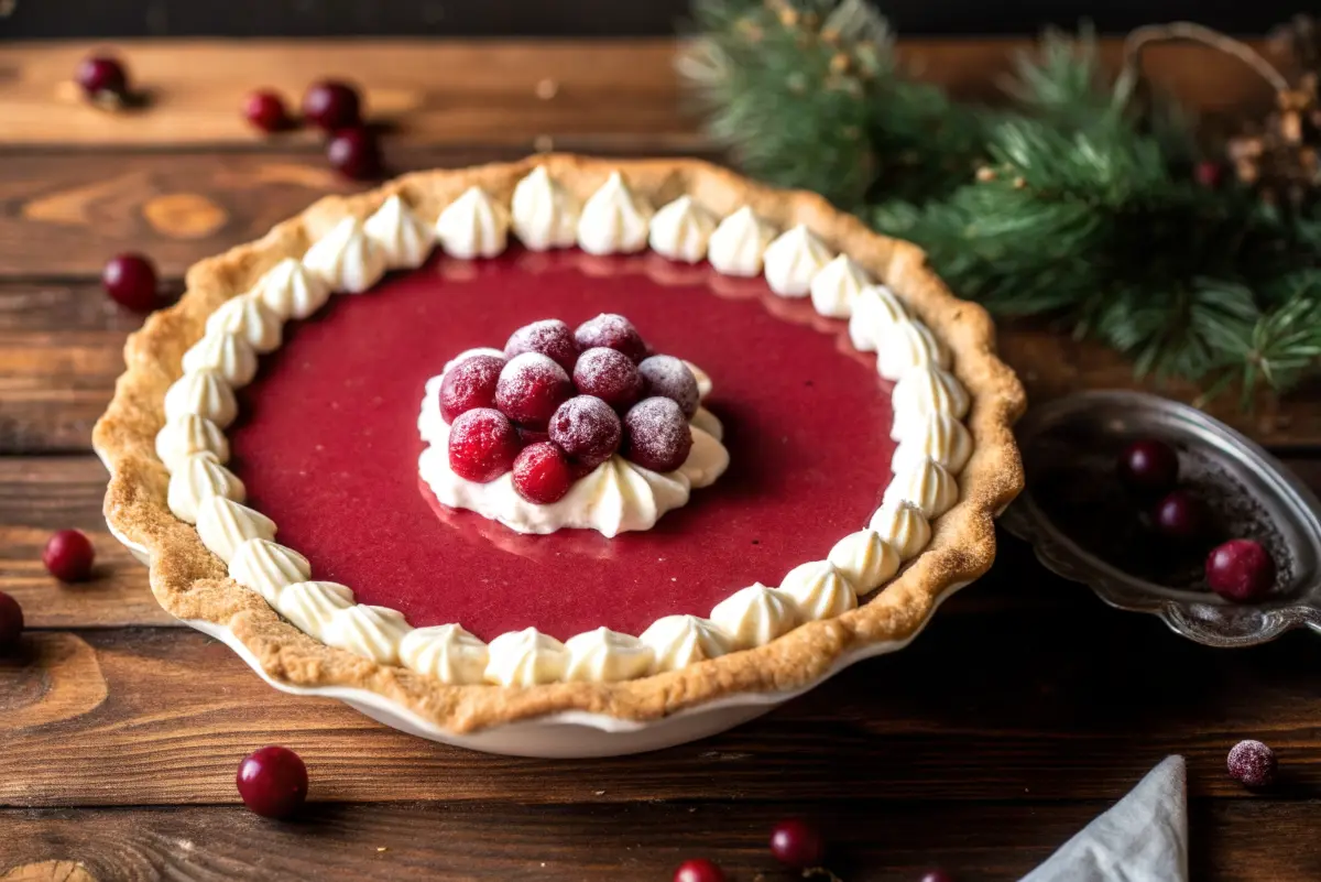 Cranberry Custard Pie with Ginger Pastry Crust topped with sugared cranberries on a rustic wooden table