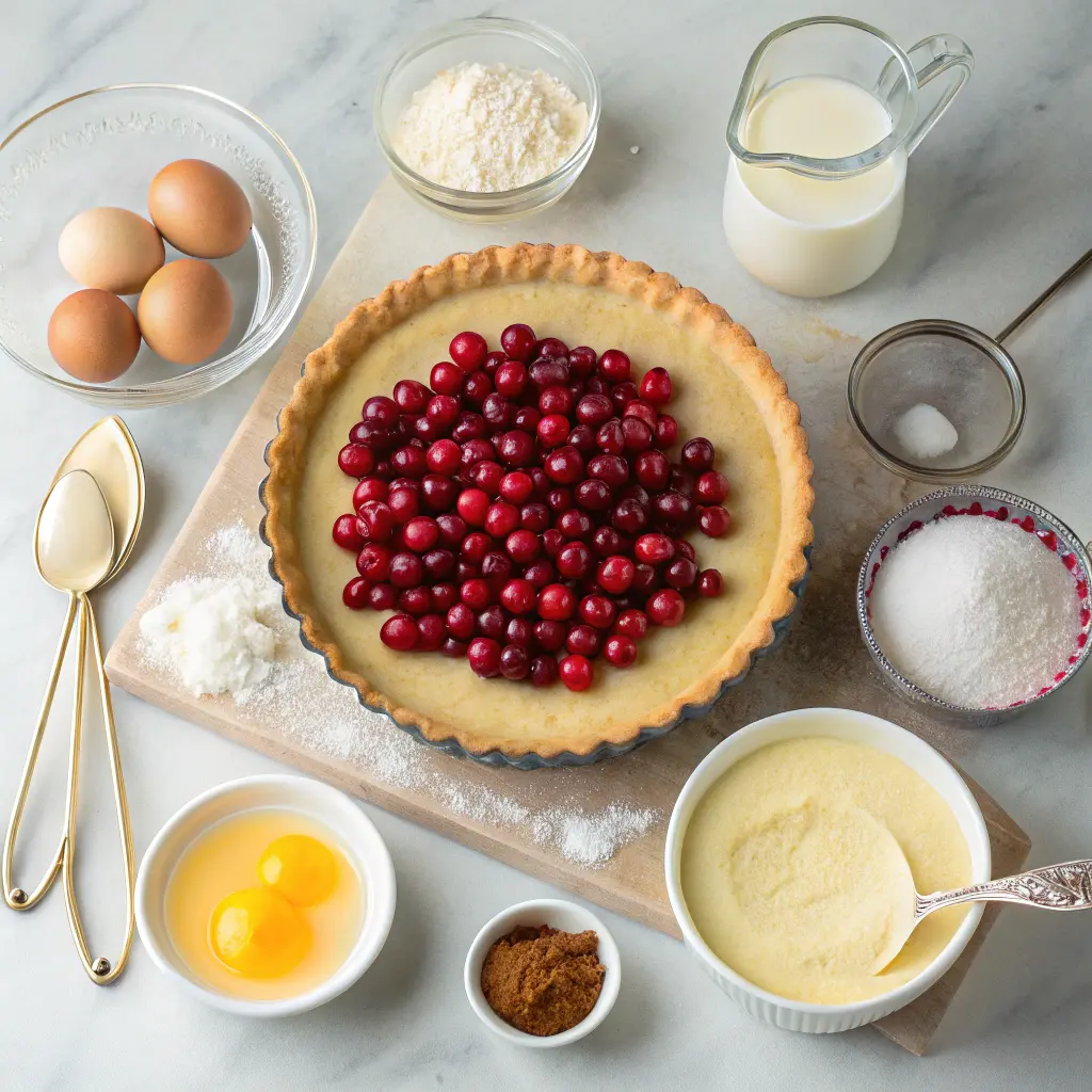 Cranberry Custard Pie with Ginger Pastry Crust topped with sugared cranberries on a rustic wooden table