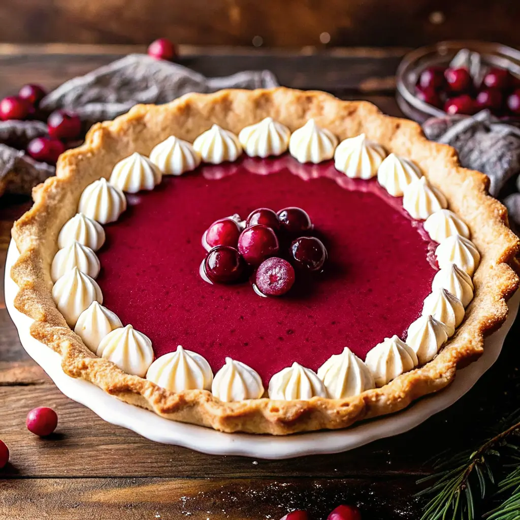 Cranberry Custard Pie with Ginger Pastry Crust topped with sugared cranberries on a rustic wooden table