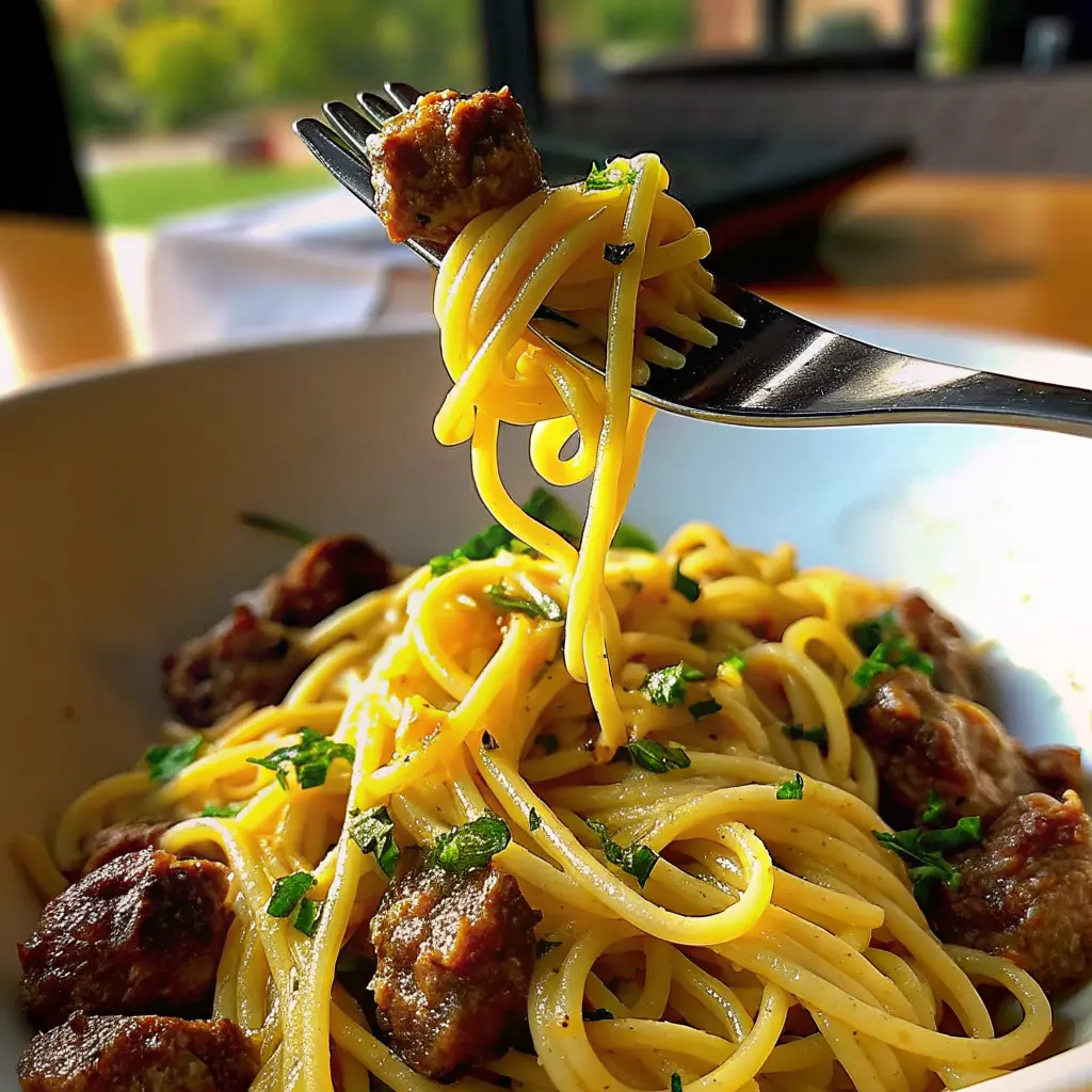 Bowl of creamy beef garlic butter pasta with Parmesan and parsley garnish